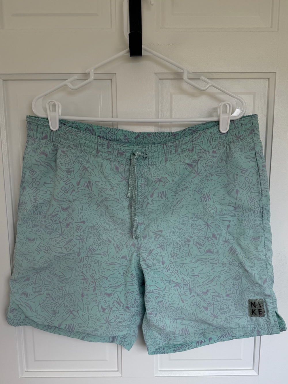 Nike Swim Trunks Medium Aqua Shark Print Board Shorts Just Do It